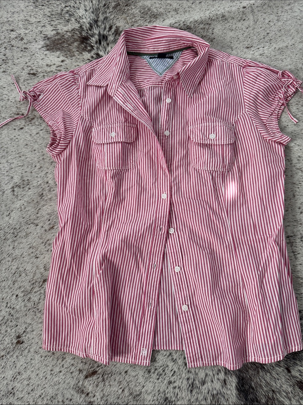 Tommy Hilfiger Red and White Striped Short-Sleeve Button-Down Shirt